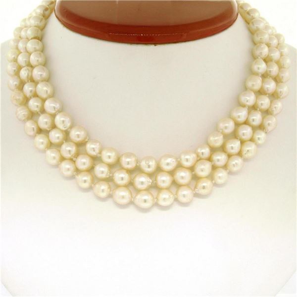 Three Strand Baroque Pearl 14" Choker Necklace w/ 14K Yellow Gold Filigree Clasp