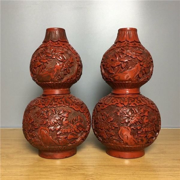 qianlong mark lacquer wood double gourd vase pair