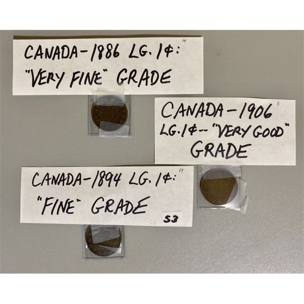 1886 / 1894 / 1906 - LOT OF 3 CANADIAN LARGE 1 CENT PIECES