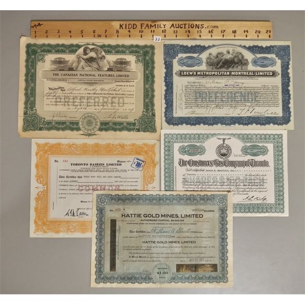 LOT OF 5 STOCK CERTIFICATES