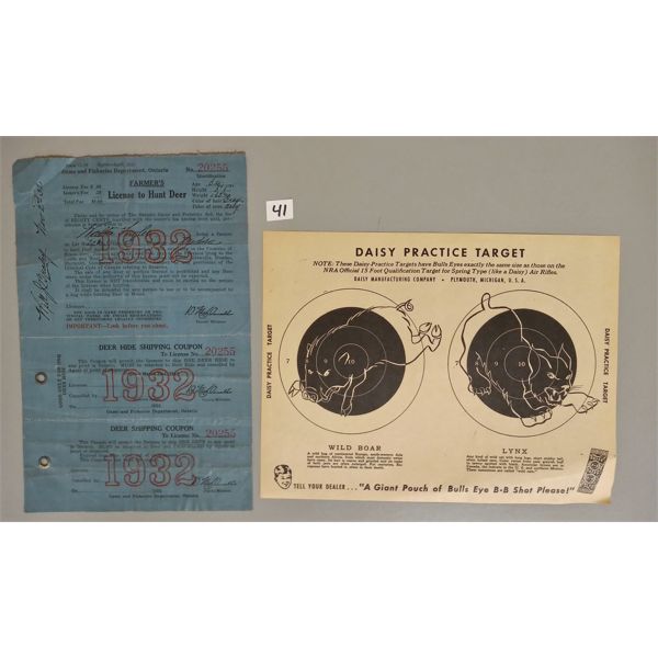 LOT OF 2 - 1932 DEER HUNTING LICENSE, DAISY PRACTICE TARGET