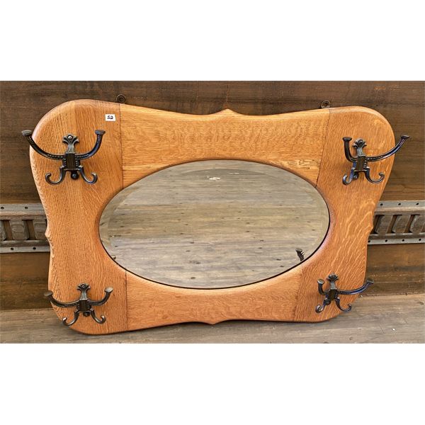 ANTIQUE OAK ENTRANCE MIRROR WITH HAT HOOKS