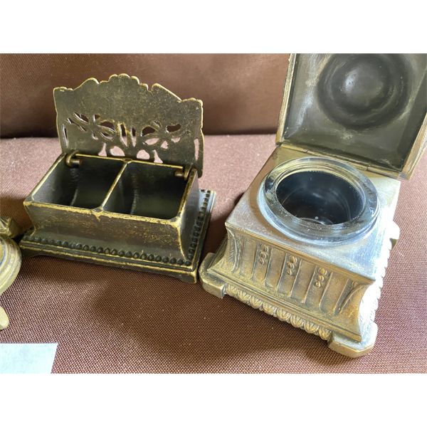 BRASS INKWELL, SILVER INKWELL & STAMP HOLDER