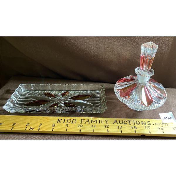 PURFUME DECANTER & DRESSER TRAY  - CUT GLASS WITH CRANBERRY ACCENTS 