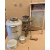 Image 1 : VINTAGE DELUX PICNIC THERMOS, WASHBOARD AND MEAT GRINDER W/ ATTACHMENTS