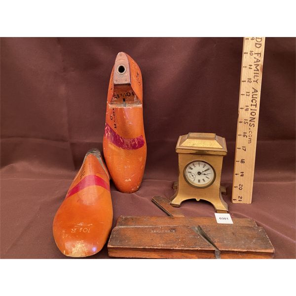 ANTIQUE  SHOE MOLDS, ANTIQUE PLANE & ANSONIA CLOCK