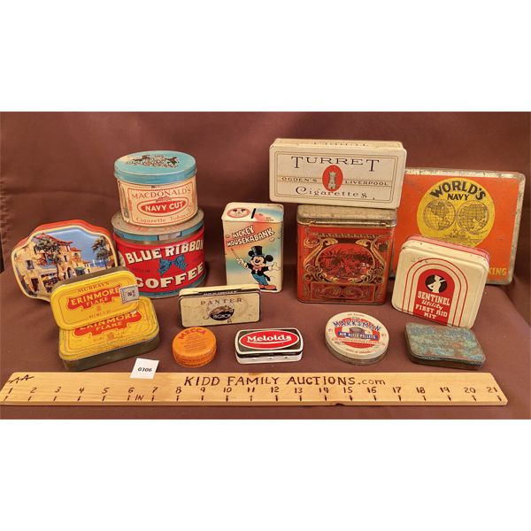 LOT OF COLLECTIBLE TINS - MICKEY MOUSE, BLUE RIBBON COFFEE, ETC