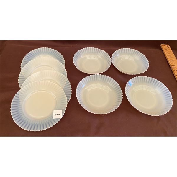 SET OF WHITE CARNIVAL GLASS SIDE PLATES & NAPPIES