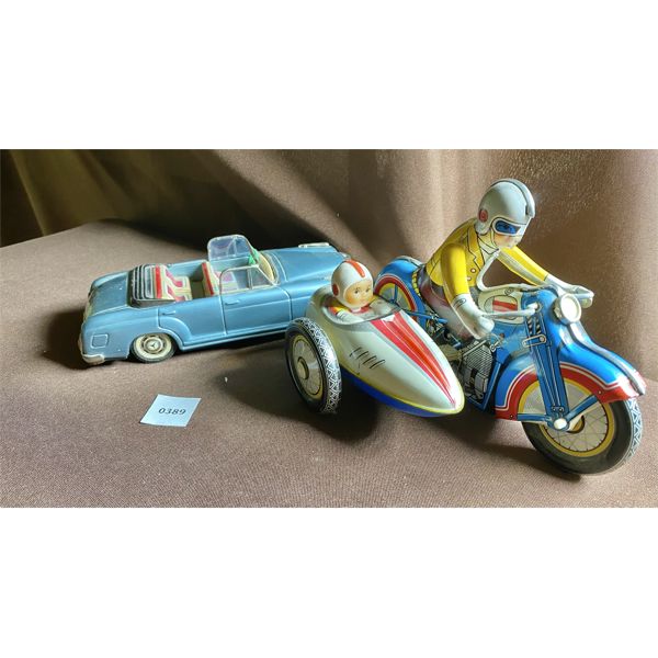 LOT OF 2 - ANTIQUE TIN TOYS - WINDUP MOTORCYCLE & MERCEDES BENZ
