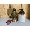 Image 1 : LOT OF 4 - CROCK, BELLOWS, OIL LAMP, TOKEN