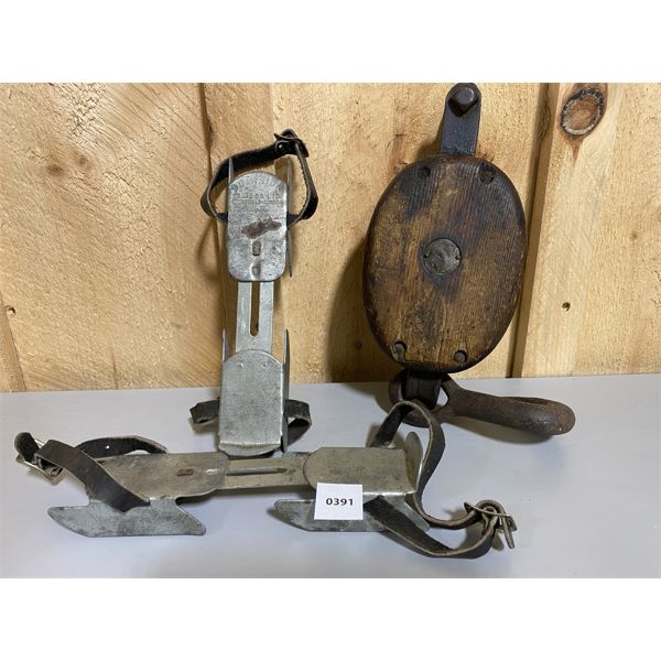 ANTIQUE BOB SKATES & WOOD PULLEY