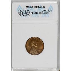 1923-S 1C Brown--Cleaned--ANACS. MS60 Details. NGC Cen