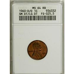 1960-D 1C Small Over Large Date MS64 Red ANACS. NGC Ce