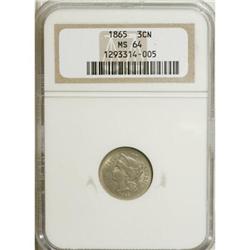 1865 3CN MS64 NGC. NGC Census: (470/144). PCGS Pop
