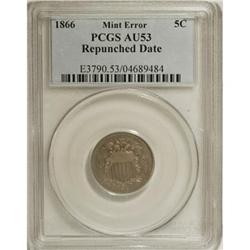 1866 5C Rays AU53 PCGS. Repunched Date. PCGS Popul