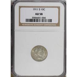 1911-S 10C AU58 NGC. NGC Census: (9/146). PCGS Pop