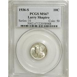 1936-S 10C MS67 PCGS. PCGS Population (8/0). NGC C