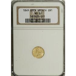 1849 G$1 Open Wreath MS61 NGC. NGC Census: (256/96