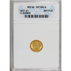 1851 G$1 --Cleaned--ANACS. MS60 Details. NGC Census