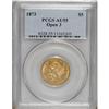 1873 $5 Open 3 AU55 PCGS. PCGS Population (31/63).