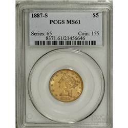 1887-S $5 MS61 PCGS. PCGS Population (309/663). NG