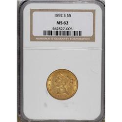 1892-S $5 MS62 NGC. NGC Census: (45/11). PCGS Popu