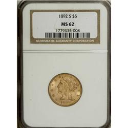 1892-S $5 MS62 NGC. NGC Census: (46/11). PCGS Popu