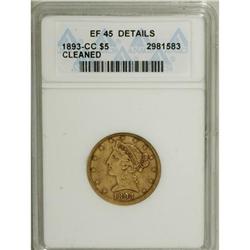 1893-CC $5 --Cleaned--ANACS. XF45 Details. NGC Cens