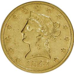 1847 $10 AU50 NGC. NGC Census: (104/384). PCGS Pop