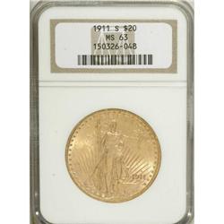1911-S $20 MS63 NGC. NGC Census: (1551/1541). PCGS