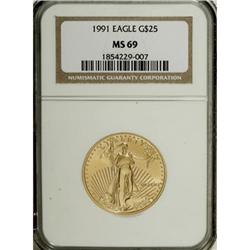 1991 G$25 Half-Ounce Gold Eagle MS69 NGC. NGC Cens