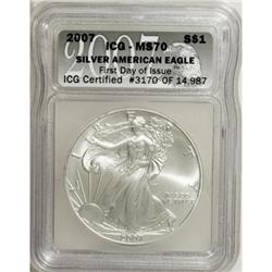 (2)2007 S$1 Silver American Eagle MS70 ICG. First Day