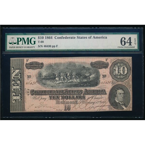 1864 $10 T-68 Confederate PMG 64EPQ