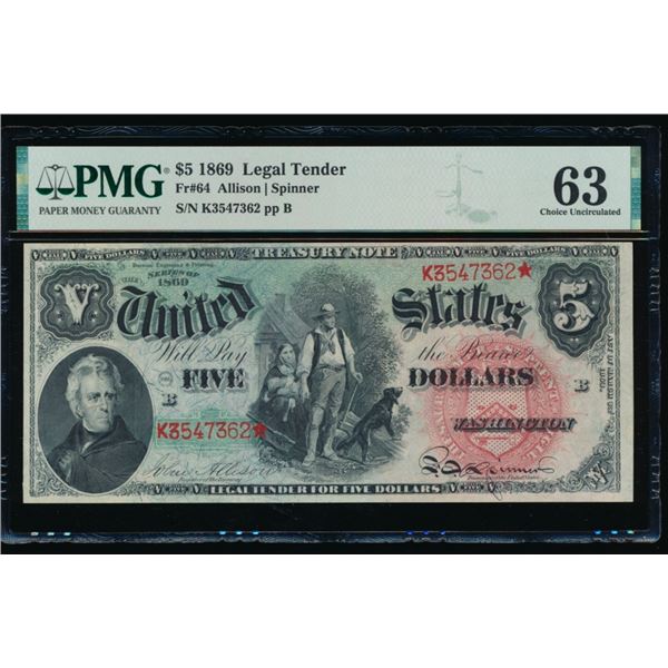 1869 $5 Legal Tender Note PMG 63