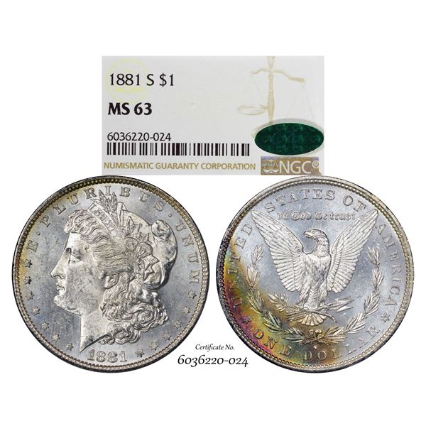 1881-S $1 Morgan Silver Dollar Coin NGC MS63 CAC Amazing Toning