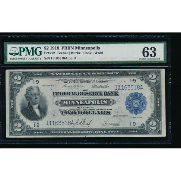 1918 $2 Minneapolis Federal Reserve Bank Note PMG 63