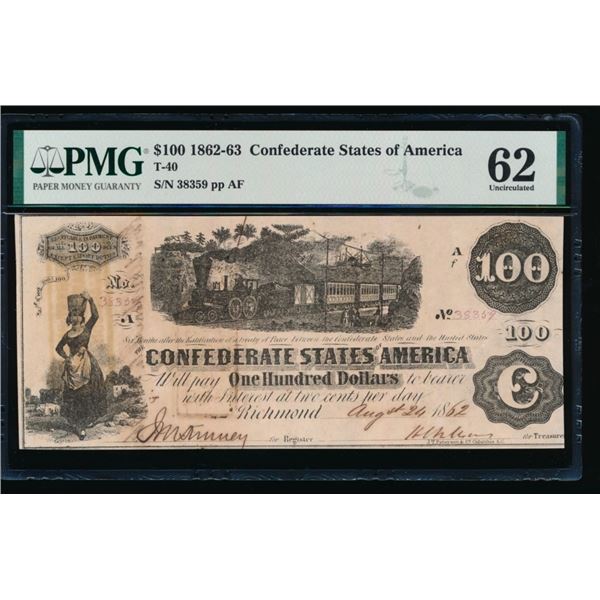 1862-63 $100 T-40 Confederate PMG 62