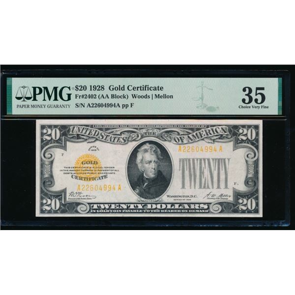 1928 $20 Gold Certificate PMG 35