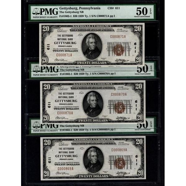 3 Consecutive 1929 $20 Gettysburg National Bank Notes PMG 50EPQ