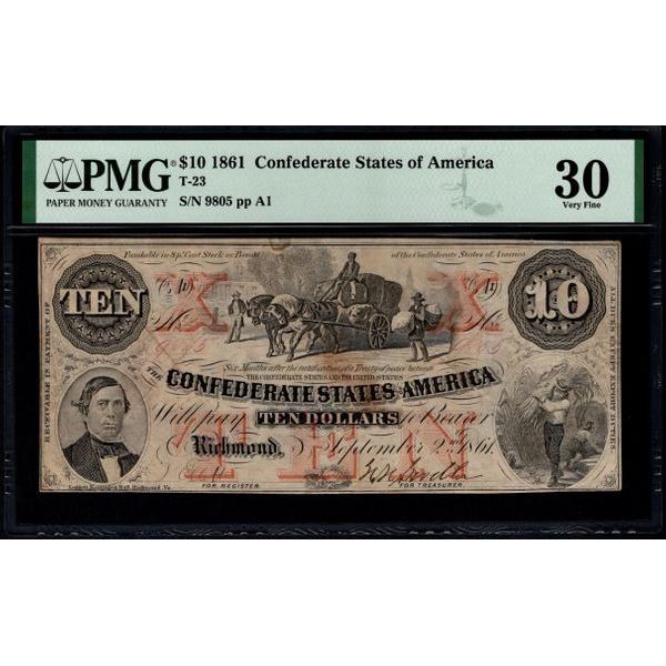 1861 $10 T-23 Confederate States of America PMG 30