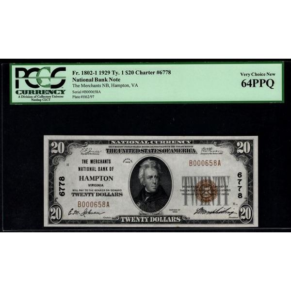 1929 $20 Hampton National Bank Note PCGS 64PPQ