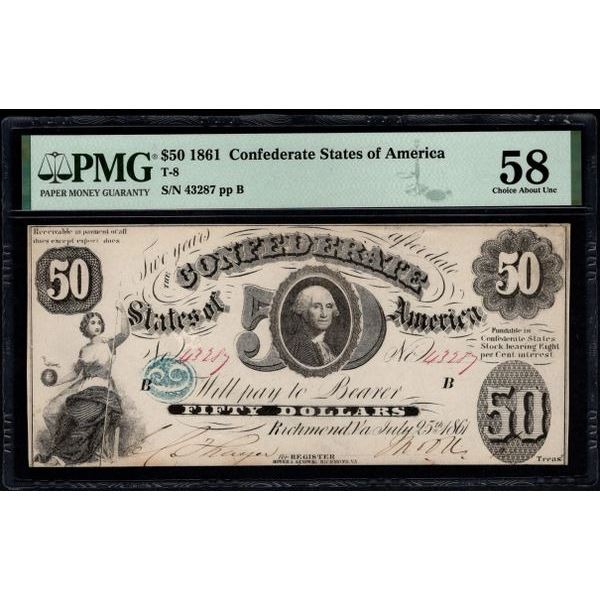 1861 $50 T-8 Confederate PMG 58