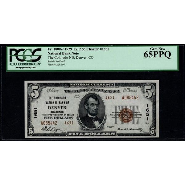 1929 $5 Denver CO National Bank Note PCGS 65PPQ