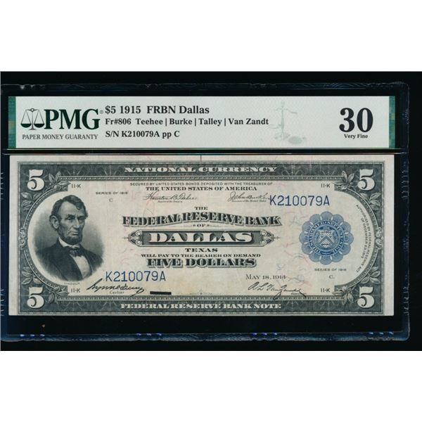 1915 $5 Dallas FRBN PMG 30