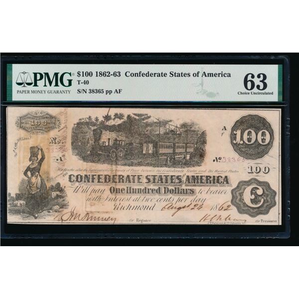 1862-63 $100 T-40 Confederate PMG 63