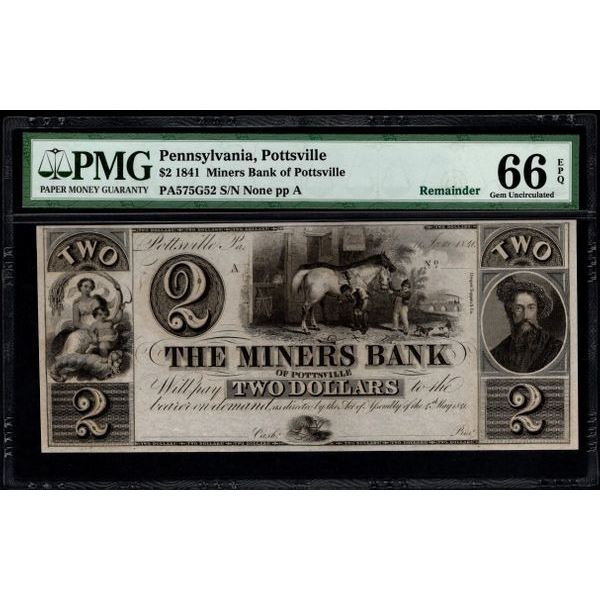 1841 $2 Pottsville PA Bank Note PMG 66EPQ