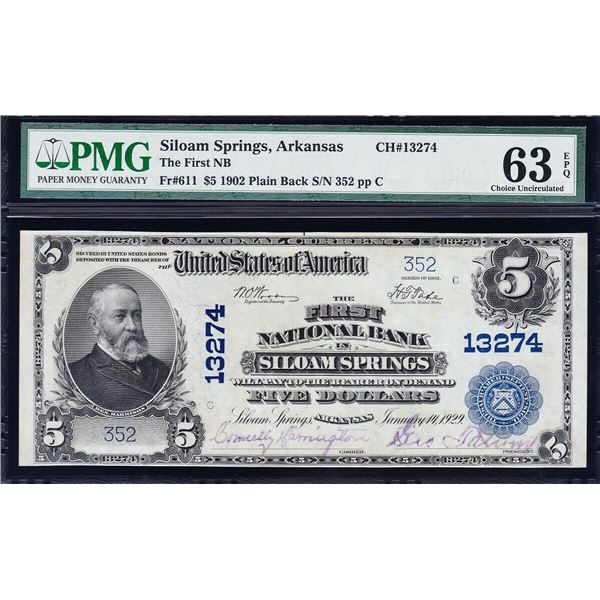 1902 $5 Siloam Springs AR National Bank PMG 63EPQ