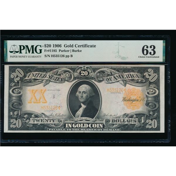 1906 $20 Gold Certificate PMG 63