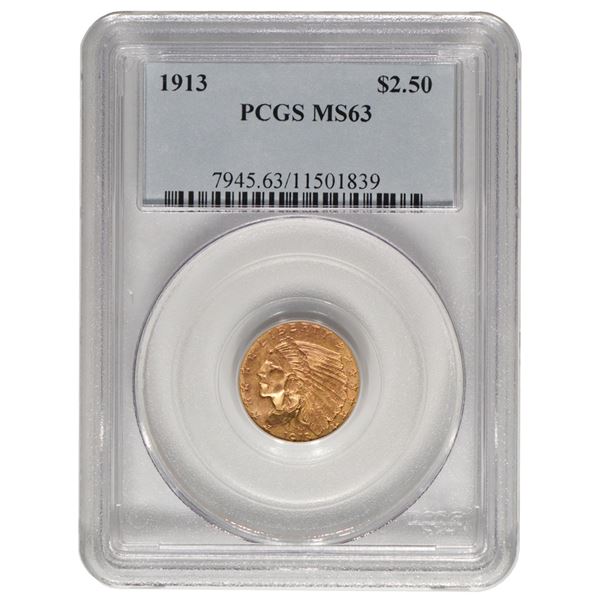 1913 $2.5 Indian Head Gold Coin NGC MS63