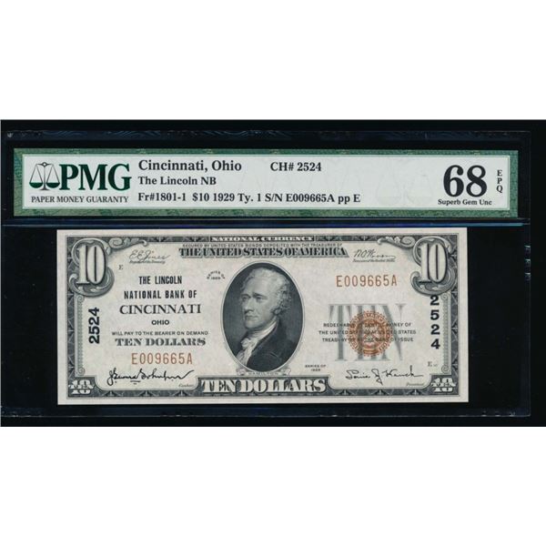 1929 $10 Cincinnati National Bank Note PMG 68EPQ